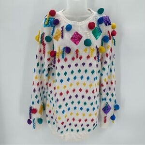 VTG Bonnie Boerer Sweater Womens L 80s Pom Pom Sequin Knit colorful Flaws
